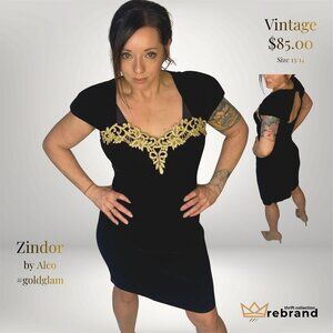 Vintage Black Velvet Dress Gold Embroidery Zindor ALCO m/l
